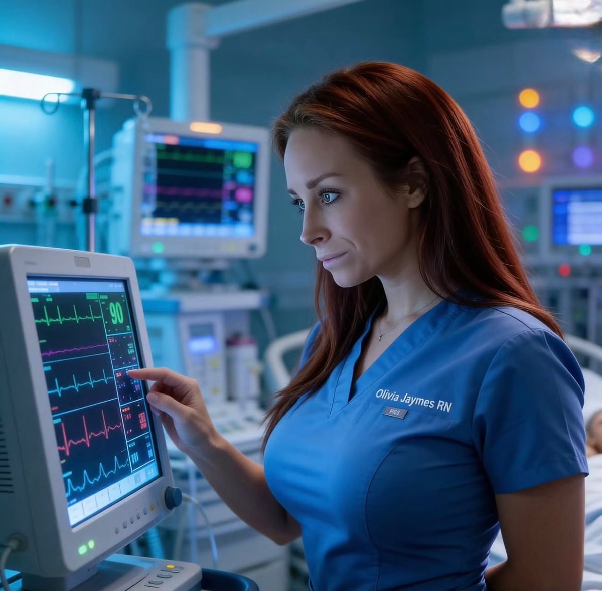 Olivia in blue scrubs checking a patient monitor
